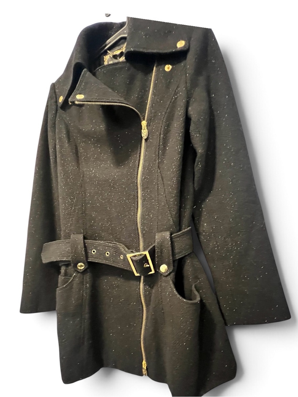 Guess Womens Black Speckled Belted Coat with Gold Hardware